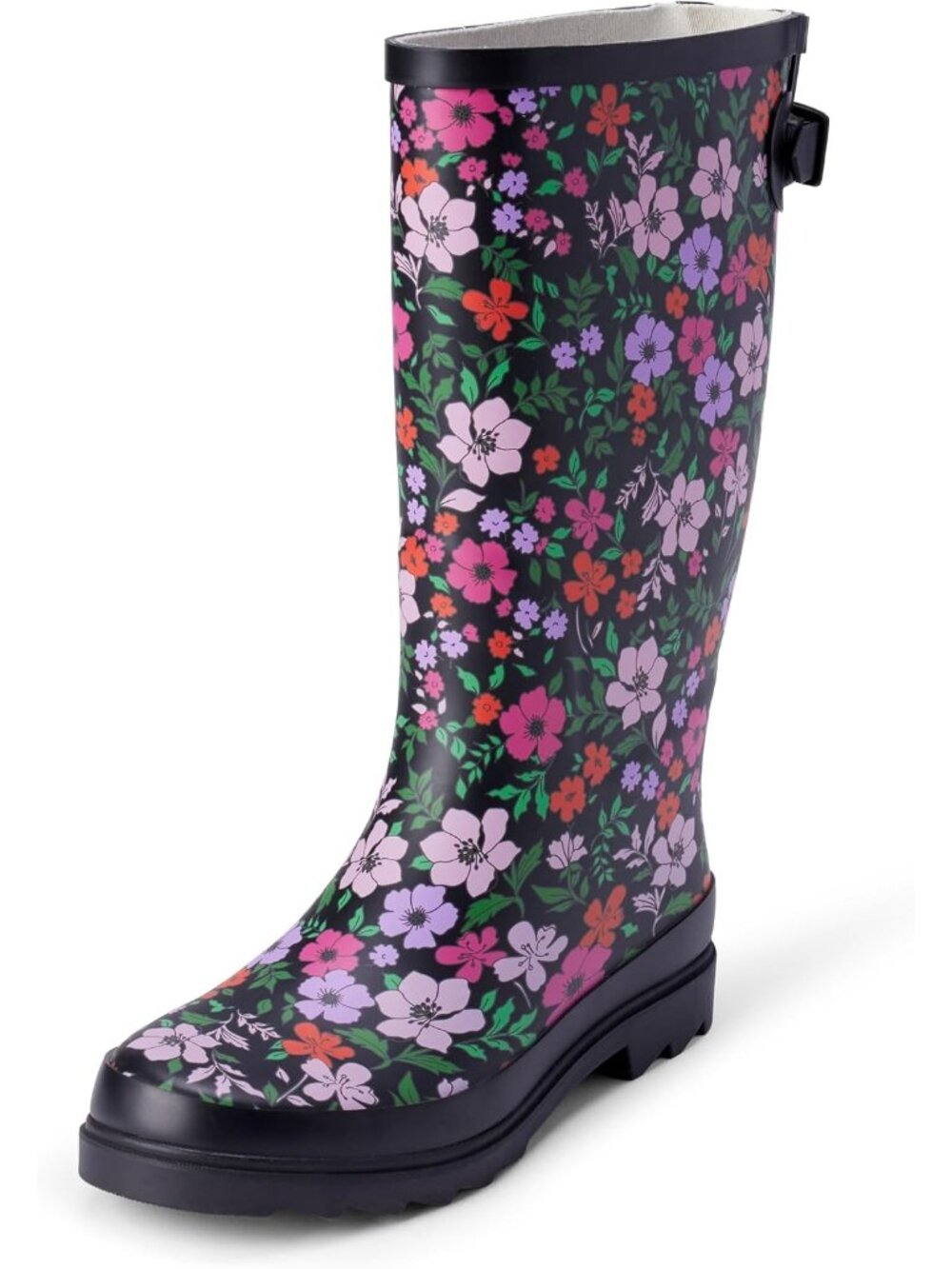 Women's Pink Floral Waterproof Adjustable Buckle Outsole Knee High Rain Boot